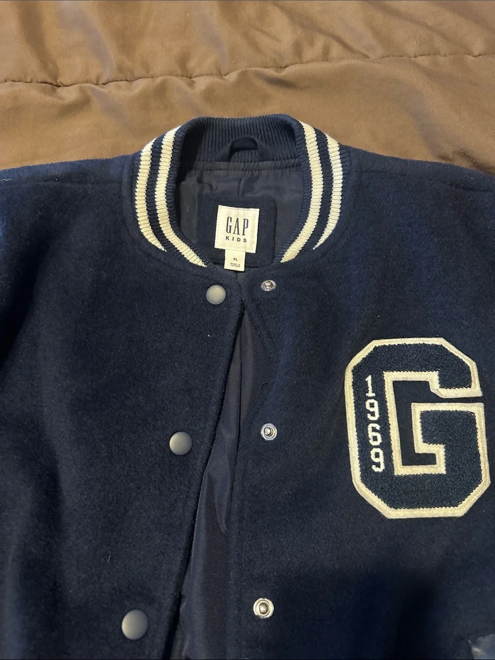 GAP Navy Blue Varsity Jacket with Leather-Look Sleeves